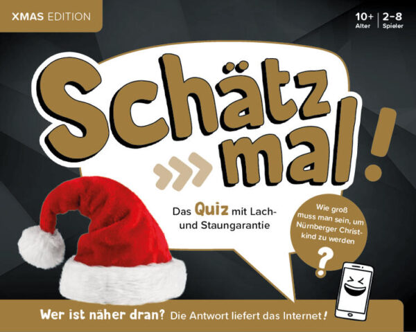 Schätz mal! Das Quiz mit Lach- und Staungarantie • Wie oft kommt "Feliz Navidad" im Song "Feliz Navidad" vor? • Um wie viel Prozent steigt die Scheidungsrate nach Weihnachten? • Wie viel Prozent der Haustiere werden zu Weihnachten beschenkt? Verrückt, unterhaltsam, mitreißend: Endlich ein Quiz, bei dem Nichts-Wissen auch nichts macht! Wer ist näher dran? Sehr wahrscheinlich wird niemand die richtige Antwort wissen, sondern es geht darum, ihr durch Schätzen und Raten möglichst nahe zu kommen. Die richtige Antwort steht hier nicht im Block, sondern wird durch die Suchmaschine auf dem Smartphone, Tablet oder PC gegeben. • Spieleblock mit 64 Seiten und 150 Schätzfragen für superlangen Spielespaß • Format 200 x 160 mm mit stabilem Papprücken - auch für unterwegs • Hochwertiges Spiel in tollem Design und mit coolen Lack-Effekten auf dem Cover • DIE Geschenkidee für Spieleabende, an die sich alle noch lange erinnern werden • Das Handy ist im Spiel - aber das Spiel ist nicht im Handy Lass deine Spieleabende neu aufleben mit Schätz mal!, dem ultimativen Spieleblock mit Schätzfragen! Dieses Spiel macht deinen Spieleabend mit Freunden und Familie zum ultimativen Erlebnis. Es ist mehr als nur ein Spiel, es ist eine Einladung, zusammen zu lachen, zu lernen und unvergessliche Momente zu teilen. Schätz mal! ist eine einzigartige Mischung aus klassischem Quizspiel und modernem Schätzspiel. Jeder Mitspieler hat die Chance, die Antwort zu erraten, und das Ergebnis wird dann über die Suchmaschine gefunden. So wird das Handy zum festen Bestandteil des Spiels - nicht als Ablenkung, sondern um das Gemeinschaftsgefühl zu stärken und spannende Fakten zu entdecken! Es ist Spielen statt Zocken, es bringt die Menschen zusammen anstatt sie zu trennen. Jede Seite enthält neue Fragen, die die Neugierde wecken und den Wissensdurst stillen. Ob zu Hause, auf Partys oder im Urlaub, Schätz mal! ist das perfekte Spiel für jeden Anlass. Mit Schätz mal! erlebt ihr unvergessliche, lehrreiche und vor allem sehr lustige Abende. Erweitere dein Wissen, habe Spaß und genieße die gemeinsame Zeit mit deinen Lieben. Entdecke auch die anderen Schätz mal! Editionen: Schätz mal! Essen & Trinken Edition Schätz mal! Adults Only Edition Schätz mal! Wedding Edition Schätz mal! Fußball Edition Schätz mal! Körper Edition Schätz mal! Holiday Edition Schätz mal! Ekel Edition Schätz mal! Kids Edition Schätz mal! True Crime Edition Schätz mal! Classic Edition Schätz mal! Tiere Edition Schätz mal! Rekorde Edition Schätz mal! Filme & Serien Edition Schätz mal! Deutschland Edition Schätz mal! Musik Edition Schätz mal 80er Edition Schätz mal DDR Edition Schätz mal Ruhrpott Edition Schätz mal Party Edition Schätz mal Adventskalender Schätz mal Nerd Edition Schätz mal History Edition Schätz mal Sport Edition Schätz mal Deutsche Küsten Edition Schätz mal Offline Edition Das perfekte Geschenk und Mitbringsel für alle Weihnachts-Fans und alle, die gerne skurrile, abgefahrene und unglaubliche Fragen beantworten. Spaß garantiert - auch auf Partys oder Spieleabenden mit Fun-Faktor!