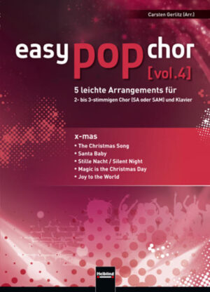 Alle Jahre wieder... Ja, nach Weihnachten ist immer gleich wieder vor Weihnachten. Also gibt es nun für alle, die auf der Suche nach neuem Winterfutter für ihre Chöre sind, easy pop chor (vol. 4) - x-mas! Fünf Stücke für SAB plus Klavier in einfachen poppigen Arrangements. Das kann und darf auch mit zwei Frauenstimmen erklingen, wenn die Chormänner alle Weihnachtsmann spielen müssen. Das Klavier bietet poptypische Begleitungen, die keine Konzertpianistenausbildung voraussetzen: Alles gut sing- und spielbar. THE CHRISTMAS SONG wäre, gäbe es das Land "Weihnachten" wohl die dortige Nationalhymne. Eine wundervolle Melodie, sehr bunte Harmonik und ein weiser, tiefgründiger Text. Nicht ohne Grund einer der Evergreens... nein, "Everwhites" - zur Weihnachtszeit. JOY TO THE WORLD ist ein altes Kirchenlied, eine Fanfare zur Bescherung. Ein wunderbarer Kontrast zu den heimeligen und ruhigen Balladen wie MAGIC IS THE CHRISTMAS DAY. Der amerikanische Texter und Tänzer Danny Costello hat da in Worte gefasst, was für ihn und viele von uns das Weihnachtsfest ausmacht. Doch Vorsicht: die Melodie von Carsten Gerlitz ist ein Ohrwurm! Ebenso SANTA BABY der freche Wunschzettel, gesungen, lasziv - eine Mischung aus Doo-wap und Jazz. Mit Fingerschnipsern und hoffentlich wippenden Füßen. Und am Ende darf der größte Welthit aller Zeiten nicht fehlen: STILLE NACHT. So einfach, so simpel die Melodie und doch so wunderbar und unerreicht. Das kann man sich nicht überhören - auch nicht in der neuen Fassung mit poppigen Nonen... wer mag, singts dann gleich in Englisch. Das darf noch unter den Baum - die neue Ausgabe der easy pop chor-Reihe... Schöne Bescherung!