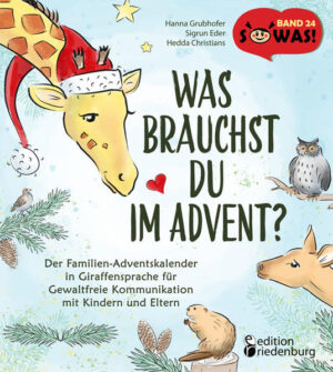 Als Bibiane Biber von der erfolgreichen Präsentation ihres Naturschutzprojektes nach Hause zurückkehrt, herrscht Chaos: Schmutzwäsche und gebrauchtes Geschirr, so weit das Auge reicht. Bevor die Feierlaune verschwindet, kommt Giovanni Giraffe vorbei und hilft Bibiane Biber, den Blick auf das Wesentliche zu richten. Prompt stellt sich die ersehnte Leichtigkeit ein. Was für ein Glück! Auch Eusebius Eule und Rea Reh wünschen sich im Advent dasselbe wie ihre Kinder, nämlich jede Menge Weihnachtsstimmung und Harmonie in Hülle und Fülle. Doch weil die vorweihnachtliche Zeit den tierischen Müttern und Vätern ziemlich viel abverlangt, läuft manches anders als erhofft. Wie gut, dass Giovanni Giraffe immer zur richtigen Zeit da ist und genau weiß, welches Bedürfnis gerade ein bisschen zu kurz kommt. Denn Giraffen sind die Tiere mit dem allergrößten Herzen und spüren deshalb besonders gut, wie es den anderen geht und was sie brauchen. „Was brauchst du im Advent?“ ist ein fröhlich illustrierter Adventskalender zum Ausmalen und Mitmachen für die ganze Familie. Er unterstützt Mütter, Väter und Kinder in 24 farbenfrohen Kapiteln dabei, mehr mit dem Herzen zu fühlen, um für alle eine passende Lösung zu finden. Die Gewaltfreie Kommunikation (GFK) hilft, Konflikte zu lösen. So ist mehr von dem möglich, was ihr euch wünscht: von Herzen kommende Weihnachtsgefühle! Ein Buch der erfolgreichen SOWAS!-Sachbuchreihe beim Verlag edition riedenburg Salzburg. Und für alle Tage nach Weihnachten gibt es * den Bestseller „Was brauchst du?“, das Original-Kinderbuch in Giraffensprache für Gewaltfreie Kommunikation mit Kindern (auch zweisprachig erhältlich Deutsch-Ukrainisch) sowie * "Was brauchst du jetzt?" Alle unsere Titel findet ihr im (Internet-)Buchhandel und unter editionriedenburg.at * SOWAS-Buch.de Alle GFK-Titel findet ihr unter www.gfk-buch.de