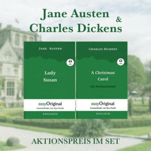 Bücher-Set: Günstiger als Einzelbücher Jane Austen & Charles Dickens: +Lady Susan Leseprobe: https://easyoriginal.com/leseproben/DE23.pdf +A Christmas Carol Leseprobe: https://easyoriginal.com/leseproben/DE12.pdf Innovative Lesemethode: https://easyoriginal.com/lesemethode/ Ungekürzter Originaltext. Zweisprachiges Buch Englisch-Deutsch. "Lady Susan" ist ein Briefroman von Jane Austen. Jane Austen war eine britische Schriftstellerin aus der Zeit der Regency. Jane Austens Haupttalent war ihre scharfsinnige Beobachtungsgabe, mit der sie die menschliche Natur und soziale Interaktionen aufs Korn nahm. "A Christmas Carol" ist eine der bekanntesten Erzählungen von Charles Dickens. Spaß am Lesen im Original - und das schon als Anfänger oder Wiedereinsteiger. Innovative Lesemethode von Ilya Frank. Fremdsprachen durch Spaß am Lesen lernen, auffrischen und perfektionieren. Effiziente und mühelose Erweiterung des Wortschatzes dank der innovativen Lesemethode. Es bereitet keine Mühe, um im Original zu lesen und kein Wörterbuch ist notwendig, um jedes Wort genau zu verstehen. Nebenbei erlernt man den Wortschatz und wiederholt / verbessert die Grammatik. Dank der integrierten Hörbücher wird auch das Hörverständnis trainiert.