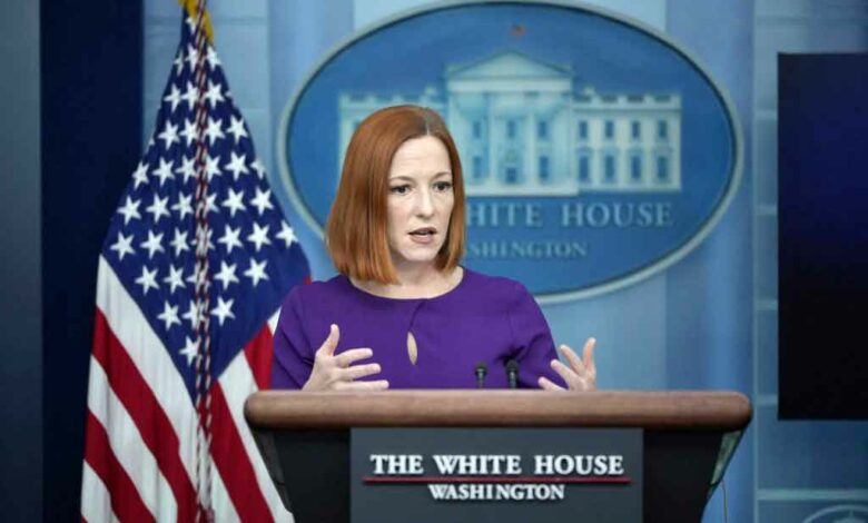 White House Press Secretary Jen Psaki talks to reporters in the Brady Press Briefing Room at the White House on February 23, 2022 in Washington, DC. Psaki briefed reporters about the White House's economic sanctions on Russia after its military moved into break-away regions of eastern Ukraine. Drew Angerer/Getty Images/AFP (Photo by Drew Angerer / GETTY IMAGES NORTH AMERICA / Getty Images via AFP)